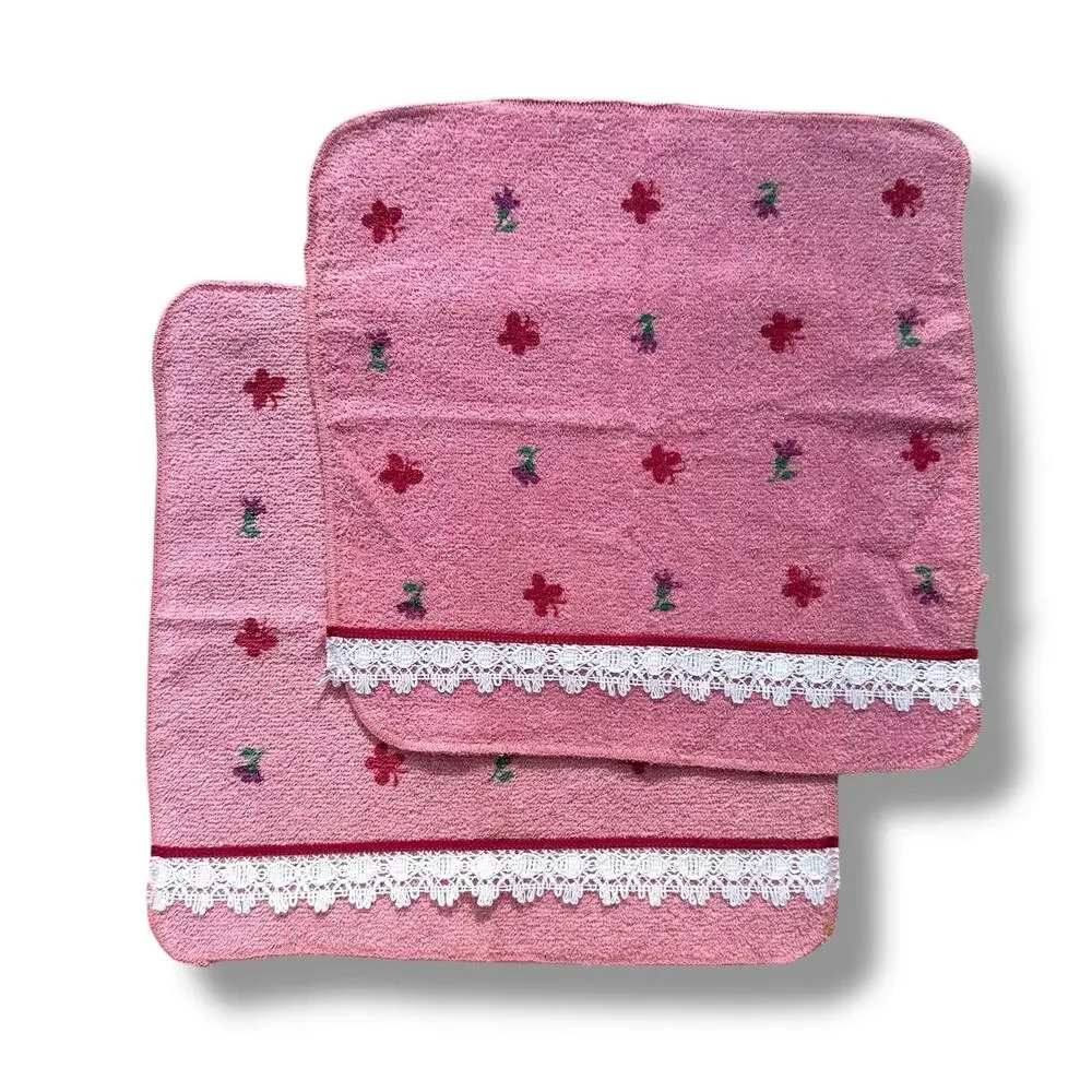 Vtg Dundee Brand Lace Trim Pink Face Cloth Cotton Floral Butterfly Cottage New